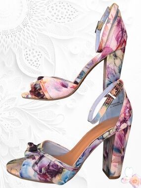 Bamboo Frenzy Floral Block Heel Sandals Ankle Strap Pink Multi 7 / 37